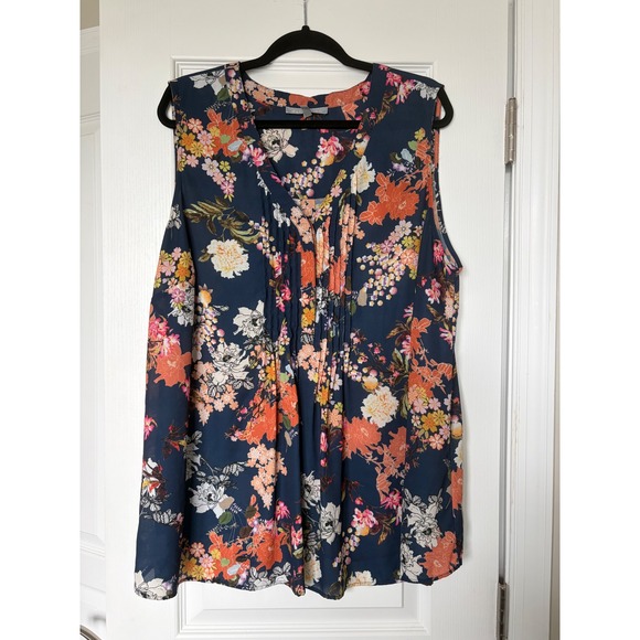 Daniel Rainn Tops - Daniel Rainn Navy Floral Pintuck V-Neck Sleeveless Blouse Plus Size DX13975PR1